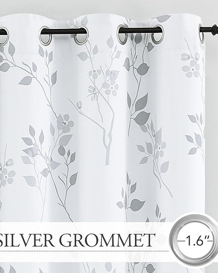 Beauoop Floral 100% Blackout Curtains 84 Inches Long 2 Panels for Bedroom Living Room Grey White Flower Patterned Room Darkening Thermal Insulated Soundproof Grommet Window Treatments Drapes, 52X84