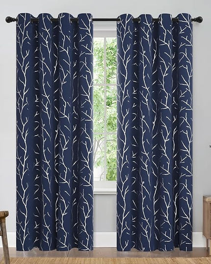 BUHUA Blue Curtains 95 Inches Long, Blackout Curtain Panels, Room Darkening Curtains, Thermal Insulated Window Curtains with Silver Tree Branches Print, 52W x 95L, Navy Blue, 2 Panels