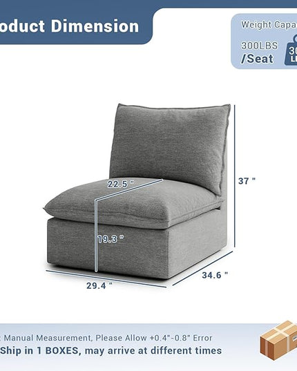 Cloud Middle Sectional, Waterproof Down Filled Sectional Sofa, High Backrest Modular Sectional Couches for Living Room, Modern Modular Couch with Removable Cover, Dark Gray