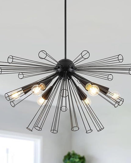 Modern 6-Light Sputnik Black Chandelier, 32.3" Starburst Light Fixture, Modern Chandelier Light Fixtures for Dining Room, Living Room, Kitchen, Foyer, Height Adjustable