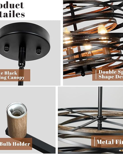 Farmhouse Chandelier,15" Drum Semi Flush Mount Chandelier Rustic Wood Grain Black Farmhouse Chandeliers for Dining Room Retro Metal Entryway Light Fixture Pendant Light for Foyer Kitchen Bedroom