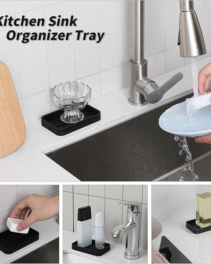 Silicone Kitchen Sink Organizer Tray for Multiple Usage,Easy Clean Sponges Holder for Kitchen Bathroom Counter or Sink,Dish Soap Dispenser,Scrubber,Bottle,Cup Black 4.9”x 3.2”