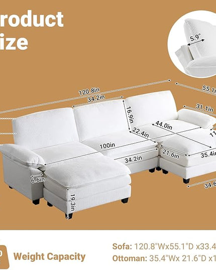 VINGLI 121" L Shape Sectional Couch, Convertible Sectional Couch for Small Living Room,Modern 3-Seat Convertible Loveseat Sofa with 2 Ottoman in Corduroy,White