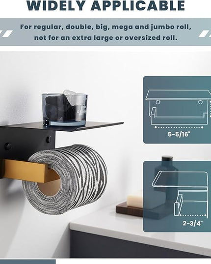 Suyar Toilet Paper Holder with Phone Shelf, SUS 304 Stainless Steel Toilet Paper Roll Holder with Storage Shelf Wall Mount, Black and Gold