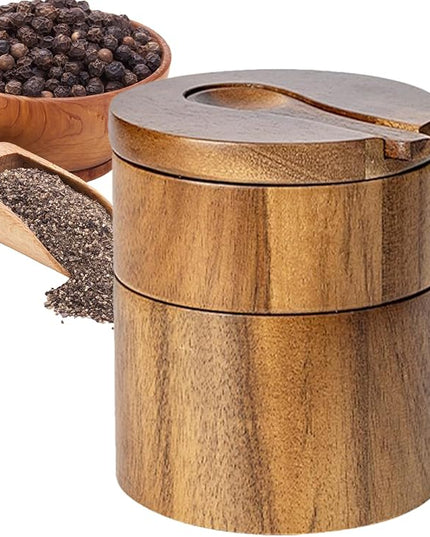 Salt Cellar – Pepper Container with Magnetic Swivel Lid Wooden Coffee and Sugar Storage Cellar Bowl with Spoon, Ideal for Seasoning, Cooking, Dining Table, Kitchen Countertop 3.54in