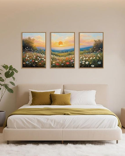 HOURIA Watercolor Sunset Floral Meadow Landscape Framed Canvas Wall Art Set,Boho Vibrant Colorful Wildflower Decor,Modern Nature Inspired Scenery Artwork for Living Room,Bedroom,Farmhouse-16 x24 x3