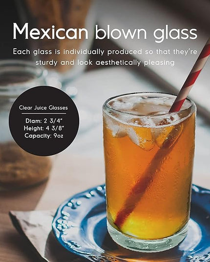 Clear Blown 9 oz Juice Glasses (set of 6) Mexican Handmade Glassware, Recycled Glass, Lead-free, Toxin-Free (Juice)