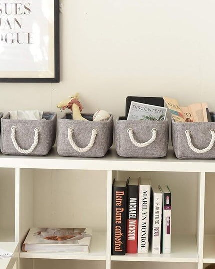 TheWarmHome Foldable Small Storage Baskets with Strong Cotton Rope Handles [6-Pack] Gray Collapsible Storage Bins Set Works Room Storage, Nursery Baskets