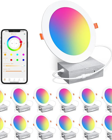 Smart Recessed Lighting 6 Inch RGBCW Color Changing 16W LED Downlight with Junction Box,1350 Lumen Recessed Ceiling Light Compatible with Alexa,Dimmable by Bluetooth Control -12Pack