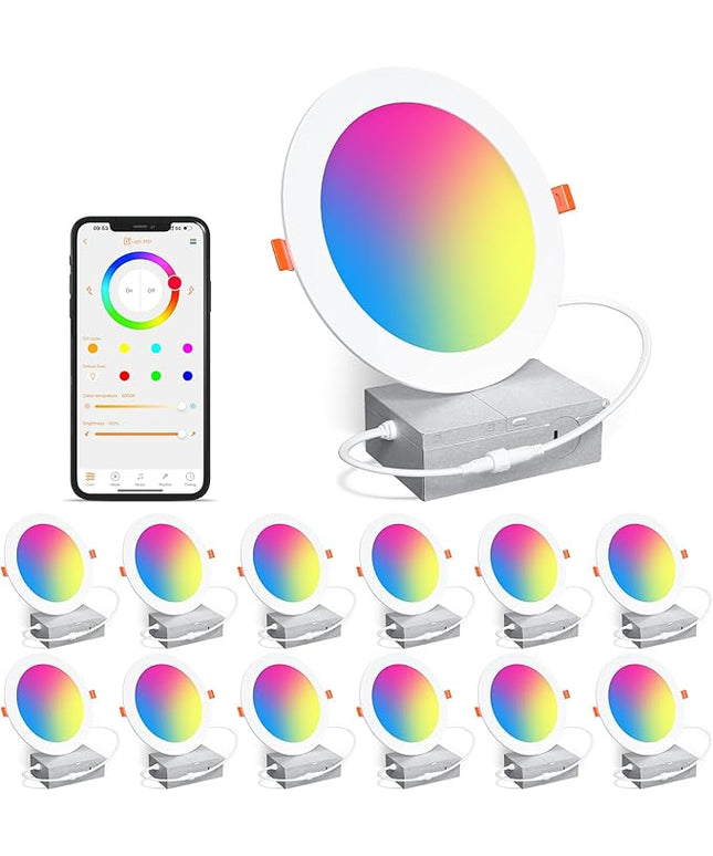 Smart Recessed Lighting 6 Inch RGBCW Color Changing 16W LED Downlight with Junction Box,1350 Lumen Recessed Ceiling Light Compatible with Alexa,Dimmable by Bluetooth Control -12Pack