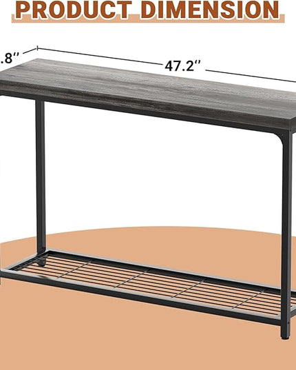 47" Console Table with Storage, 2 Tier Narrow Entryway Table, Sofa Table with Mesh Shelves, Console Tables for Living Room, Bedroom, Hallway, Entryway, Foyer, Oak Grey