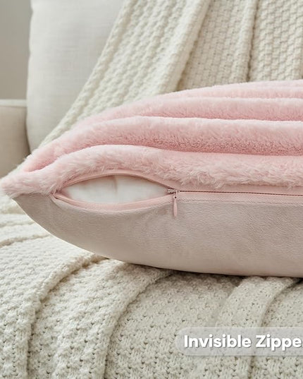 FUTEI Pink Throw Pillow Covers Set of 2, 20x20 Inch Striped Texture Cushion Cases with Soft Faux Rabbit Fur Front & Velvet Back, Modern Decorative Couch Pillows for Living Room