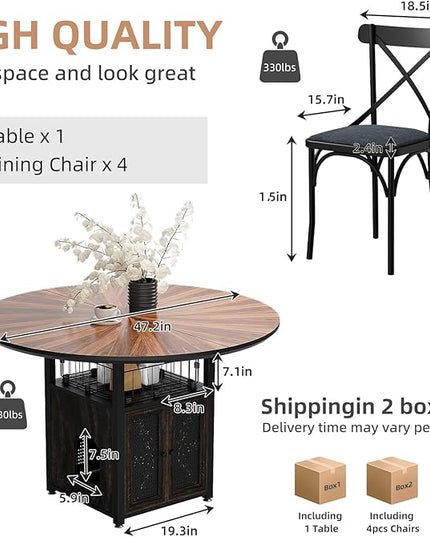 47" Round Dining Table Set for 4-6 People, Large Farmhouse Kitchen Dining Table Set with Chairs and Storage Rack, Metal Base Round Table for Home Dining Room Living Room (Cat table and 4 black chairs)