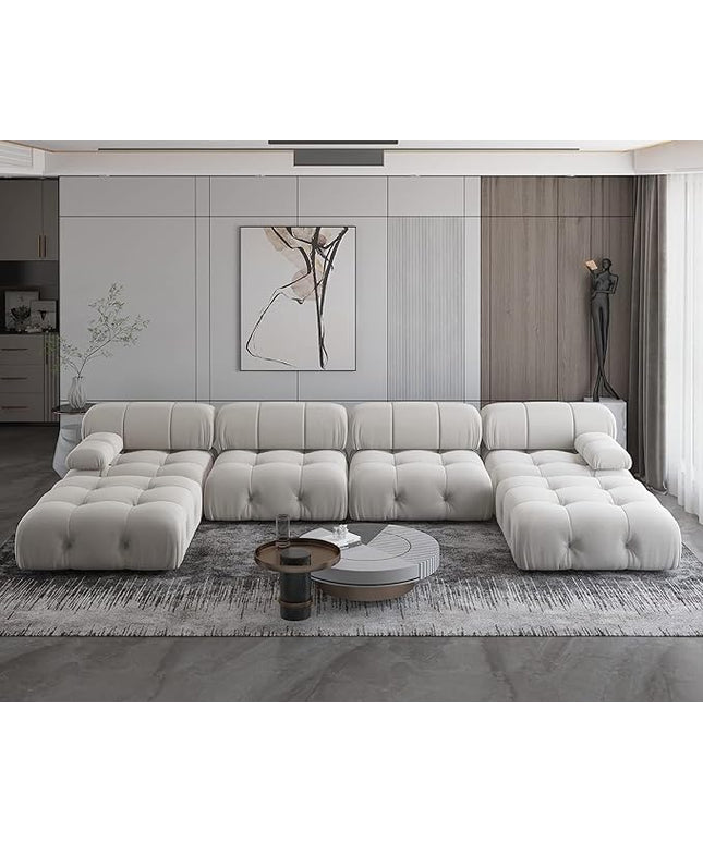 JACH 138" Modular Sectional Couch, U-Shaped Minimalist Velvet Sofas with Chaise Ottomans, Convertible Modern Deep 6-Seat Sofas Furniture for Living Room, Apartment (Beige)