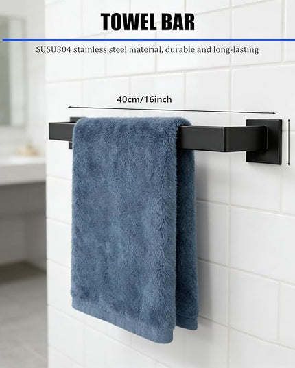 5-Pieces Matte Black Bathroom Hardware Accessories Set,SUS304 Stainless Steel Wall Mounted 16 Inch Hand Towel Bar,Towel Racks for Bathroom, Bath Towel Bar Set Wall Mounted