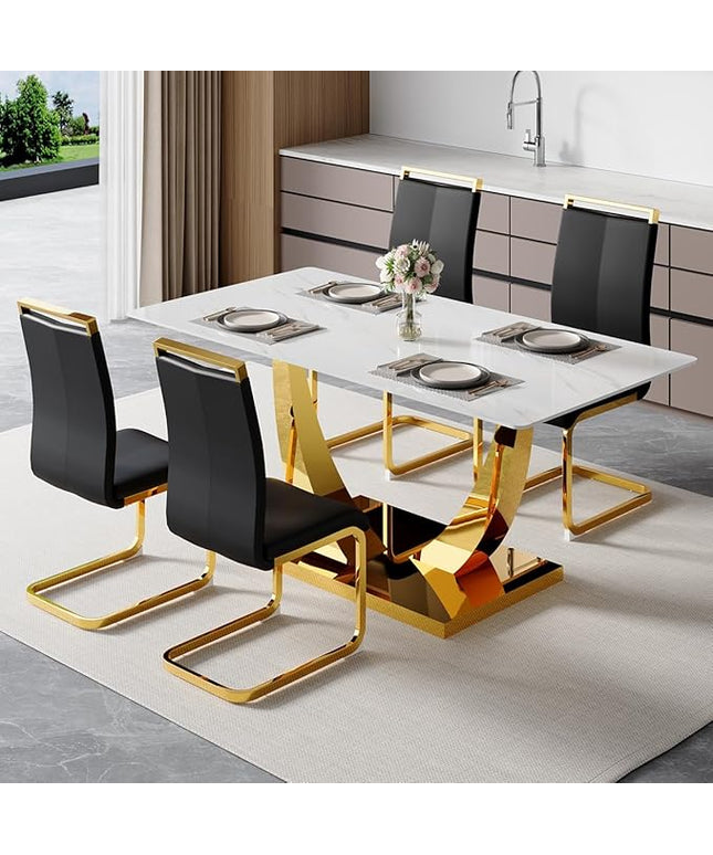 63” Dining Room Table Set for 4,Modern Gold Dining Table Set for 4, Rectangle Kitchen Table Set with Leather Chairs, White Faux Marble Dinner Table Set with Tempered Glass Top and Golden Base