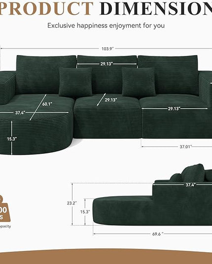Modular Sectional Sofa with L-Shape Chaise,Cloud Sectional Modern Sleeper Couch with Deep Seat,Sponge Compression Sofas No Assembly Required (Green-Corduroy Fabric) 1PCS