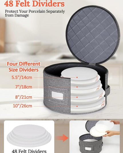 Cirhy China Storage Containers, 4 Piece Rigid-Shell Dinnerware Storage with Felt Dividers, Stackable Fine China Storage for Plates, Bowls, Glassware, Kitchen Dish Organizer for Moving