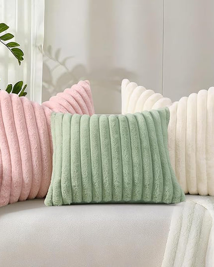 decorUhome Faux Fur Spring Throw Pillow Covers 26x26 Set of 2, Decorative Soft Plush Striped Neutral Couch Euro Pillow Covers with Velvet Back for Sofa, Bed, Living Room Home Decor, Sage Green