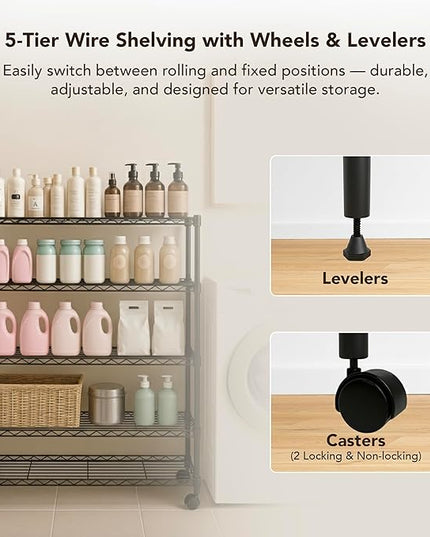 5 Tier Wire Shelving Unit Storage Rack, Metal Heavy Duty Utility Organizers, Organization Units for Products Plant Pantry, Garage, Laundry Racks Durable Shelf Stand,14"W x 30"L x 60"H, Black