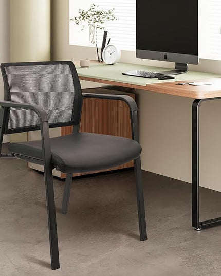 CLATINA Stackable Office Chair, Mesh Back Guest Chairs with Comfortable Leather Seat Arms Stacking Ergonomic Desk Chair No Wheels for Conference Waiting Reception School Stationary, Black, Set of 8
