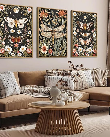 ANHUIB Extra Large Wall Art William Morris Wall Art 24x36 Inch Vintage Floral Wall Decor Butterfly Dragonfly Paintings Set of 3 for Living Room Bedroom Dining Room