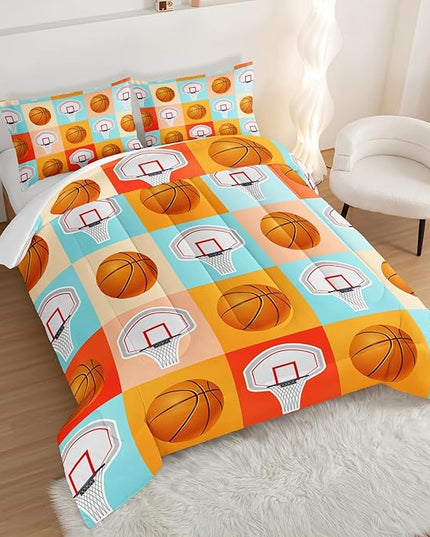 Basketball Comforter Kids Bedding Queen Size,Sports Style Basketball Printing Bedding Set for Teens Boys Bedroom Decor,Ball Sports Games Comforter Set Soft Kids Bedding with 2 Pillowcases.