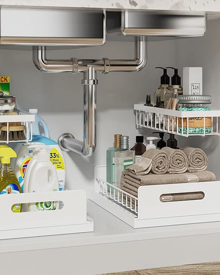REALINN Under Sink Organizer, Pull Out Cabinet Organizer 2 Tier Slide Out Sink Shelf Cabinet Storage Shelves, Storage for Kitchen Bathroom, White, 2 Pack