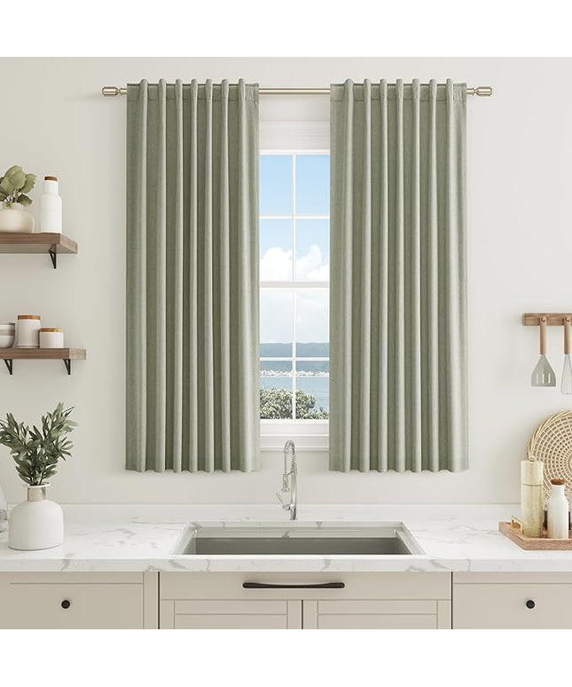 Sage Green Linen Blackout Curtains 54 Inch Length 2 Panels Set for Living Room Bedroom Back Tab Thermal Insulated 100% Black Out Linen Drapes Room Darkening Window Curtains 54 Inches Long