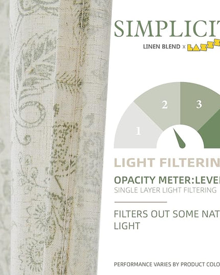 Lazzzy Linen Farmhouse Curtains for Living Room 84 Inch Length Floral Print Window Curtains Semi Sheer Drapes for Bedroom Country Light Filtering Curtain Grommet Top 2 Panels Green on Beige