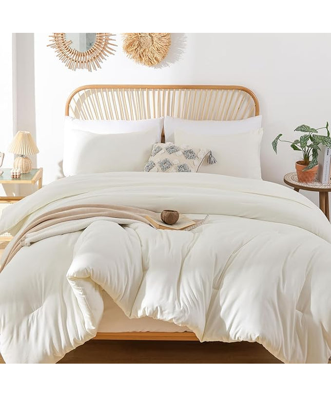 ROSGONIA Queen Comforter Set Ivory, 3pcs(1 Boho Ivory Comforter & 2 Pillowcases) All Season Soft Bedding Lightweight Bedspread Blanket Quilt Bed