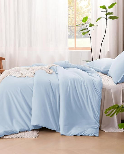 Litanika Comforters Light Blue Full Size, 3 Pieces Lightweight Solid Bedding Comforter Set, All Season Fluffy Bed Set (79x90In Comforter & 2 Pillowcases)