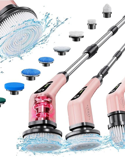 Leebein Electric Spin Scrubber, Cordless Powerful Scrub Brush for Cleaning Bathroom, Kitchen, Shower Tub and Floor Tile with Adjustable Extension Long Handle and 8 Replaceable Brush Heads(Rose)