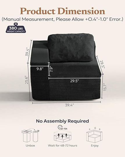 40" Modular Upholstered Foam Couch, Upholstered Floor Sofa Couch with Pillow, Single Sofa for Bedroom Living Room, No Assembly Required (Corduroy Fabric, Black)