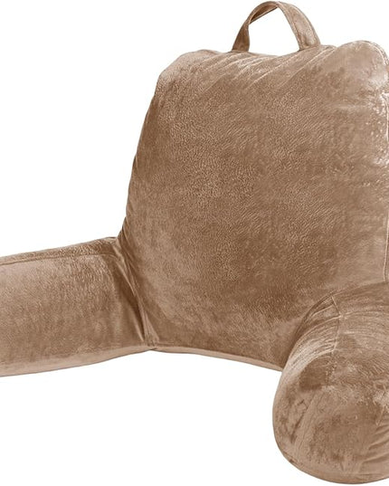 Sasttie Reading Pillow, Velvet Back Pillow for Bed Sitting Up, Adult Back-Rest Support Cushion with Arms for Sit Up on Couch, Sofa, and Floor, Dorm Essentials, Reading Accessories, Light Brown
