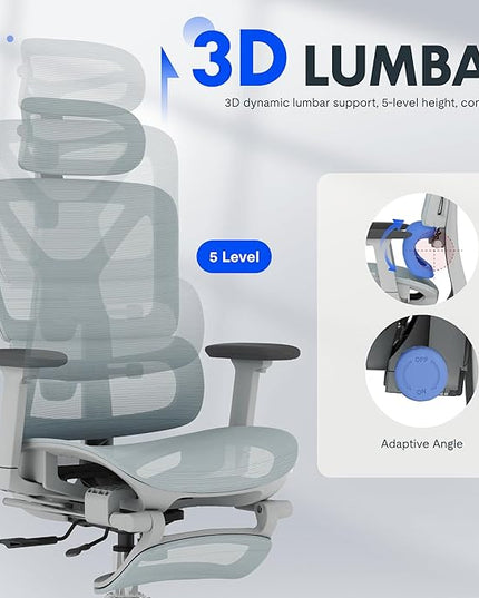 FLEXISPOT ErgoX Premium Ergonomic Office Chair with Footrest- Adjustable 3D Armrests, Dynamic Lumbar Support, Recline & Tilt Function, Mesh Seat, for Home & Office Use,Blue