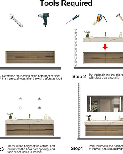 Golden Bathroom Vanity - 44IN Modern Luxurious Bathroom Vanity with Sink with Smart LED Defogging Mirror & Metal Elements & Hidden Handle | Unique Striped Design & Large Capacity Storage Space