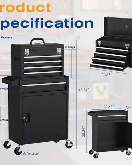 5-Drawers Tool Chest, 2-in-1 Rolling Tool Box with Wheels and Drawers, Detachable Storage Toolbox with Lock, Heavy-Duty Metal Tool Cart for Garage, Workshop (Black)