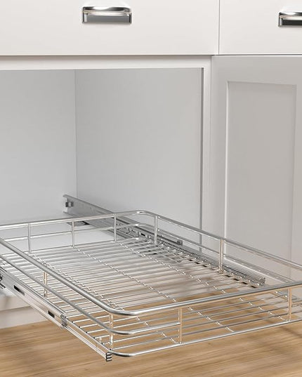 Pull Out Cabinet Organizer (13.4" W x 21" D), Put Out Shelves for Kitchen Cabinets, Roll Out Drawers Heavy-Duty Metal Sliding Shelf, Bottom Mount