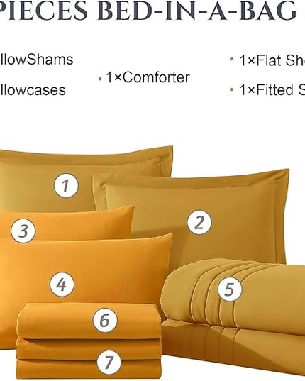 Monbix Queen Comforter Set - 7 Pieces Bright Yellow Bed in a Bag Queen Bedding Sets with Comforters, All Seasons Down Alternative Comforter Bed Set with Sheets,Pillowcases & Shams