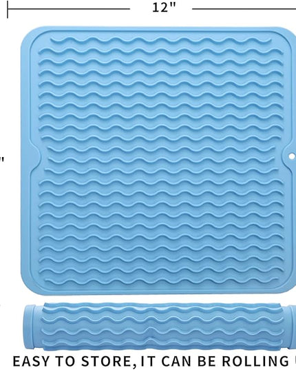 Silicone Dish Drying Mat for Multiple Usage,Easy clean,Eco-friendly,Heat-resistant Silicone Mat for Kitchen Counter or Sink,Refrigerator or Drawer liner Light Blue M 12 inches x 12 inches