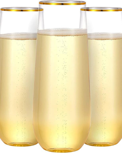N9R 36PCS Plastic Champagne Flutes, 9 Oz Stemless Disposable Gold Rim Toasting Glasses, Crystal Clear Cocktail Cups Drinkware Shatterproof Ideal for Party Wedding Birthday