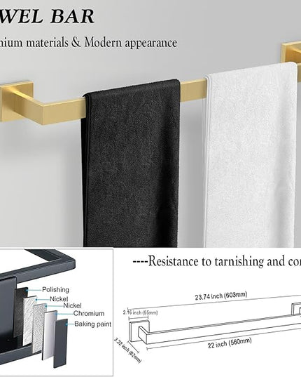 BOZWELL 5 Piece Light Brushed Gold Stainless Steel Towel Bar Set, 23.6 inch Square Bathroom Hardware Accessories Set,Wall Mounted Towel Racks for Bathroom with TP