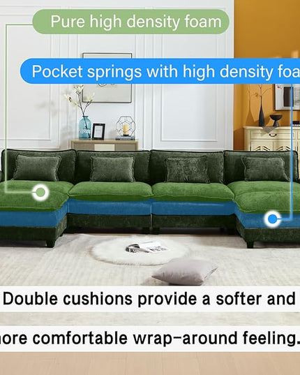 154" Modular Sectional Sofa, Comfy Cloud Couch Sectional Sofa with Ottoman, Chenille Sofa Sleeper Deep Seat Sofa with Throw Pillows for Living Room (Green, 154"- U Shape)
