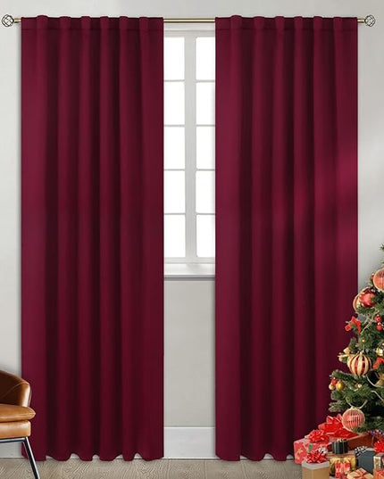 BGment Rod Pocket and Back Tab Blackout Curtains for Bedroom - Christmas Thermal Insulated Room Darkening Curtains for Living Room, 2 Window Curtain Panels (52 x 84 Inch, Burgundy Red)