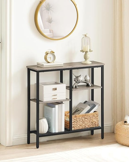 HOOBRO Narrow Console Table, Sofa Table, 4-Tier Industrial Entryway Table with Metal Mesh Shelf, Hallway Table with Adjustable Feet, for Entryway, Living Room, Hallway, Greige and Black BG79XG01