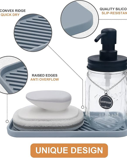 Silicone Organizer Tray, Soap and Sponge Holder for Kitchen Sink, Bathroom - Storage Tray for Dish Brush, Soap Dispenser, Dishwashing Accessories- 2 Pack (Gray)