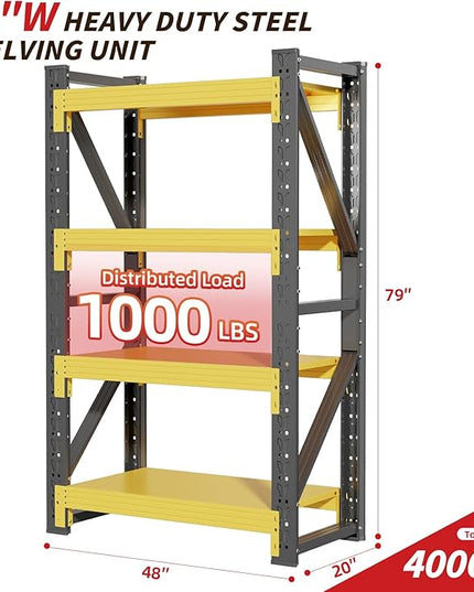 48" W Garage Shelving,4-Tier Heavy Duty Storage Shelves Unit with Adjustable Metal Shelf for Warehouse,Basement,Workshop,4000LBS,48" W x 20" D x 79" H,Black&Yellow