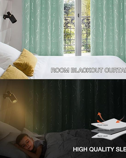 BUHUA Blackout Curtains 84 Inch Long 2 Panels, Soundproof Curtains with Elegant Silver Tree Branches Print, Heat Blocking Curtains for Livingroom, 52W x 84L, Aqua