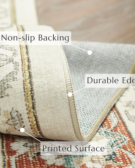 jinchan Area Rug 8x10 Living Room Rug - Washable Boho Vintage Floral Low Pile Thin Throw Non-Slip Non-Shedding Carpet for Bedroom, Dining Room, Office, Kitchen, Cream Orange Multi